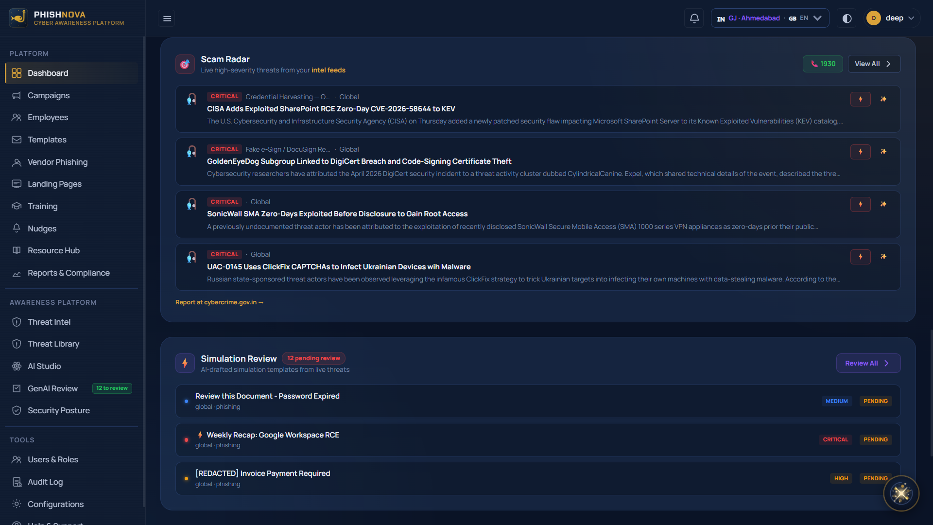 Scam Radar panel showing live high-severity threats pulled from threat intelligence feeds