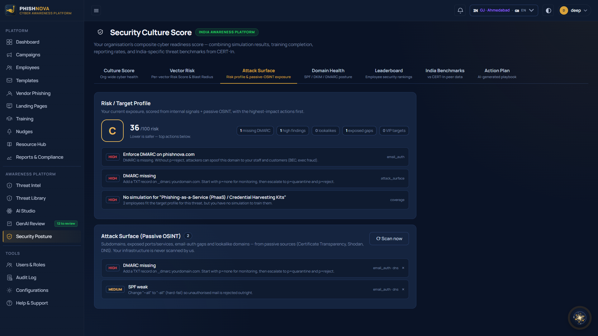 Risk / Target Profile screen showing a composite grade and ranked, highest-impact actions