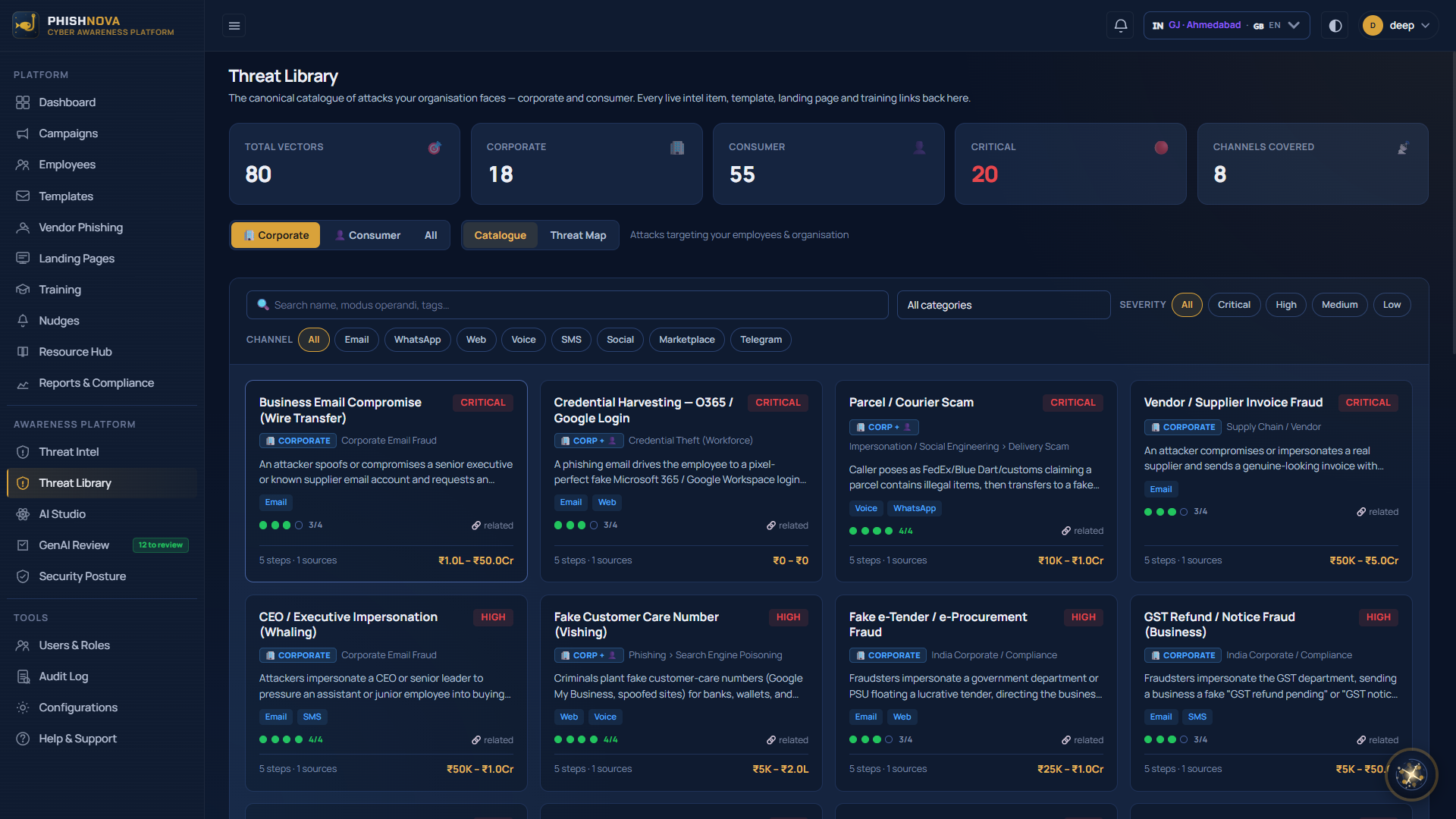 Threat Library catalogue showing corporate and consumer attack vectors by channel and severity